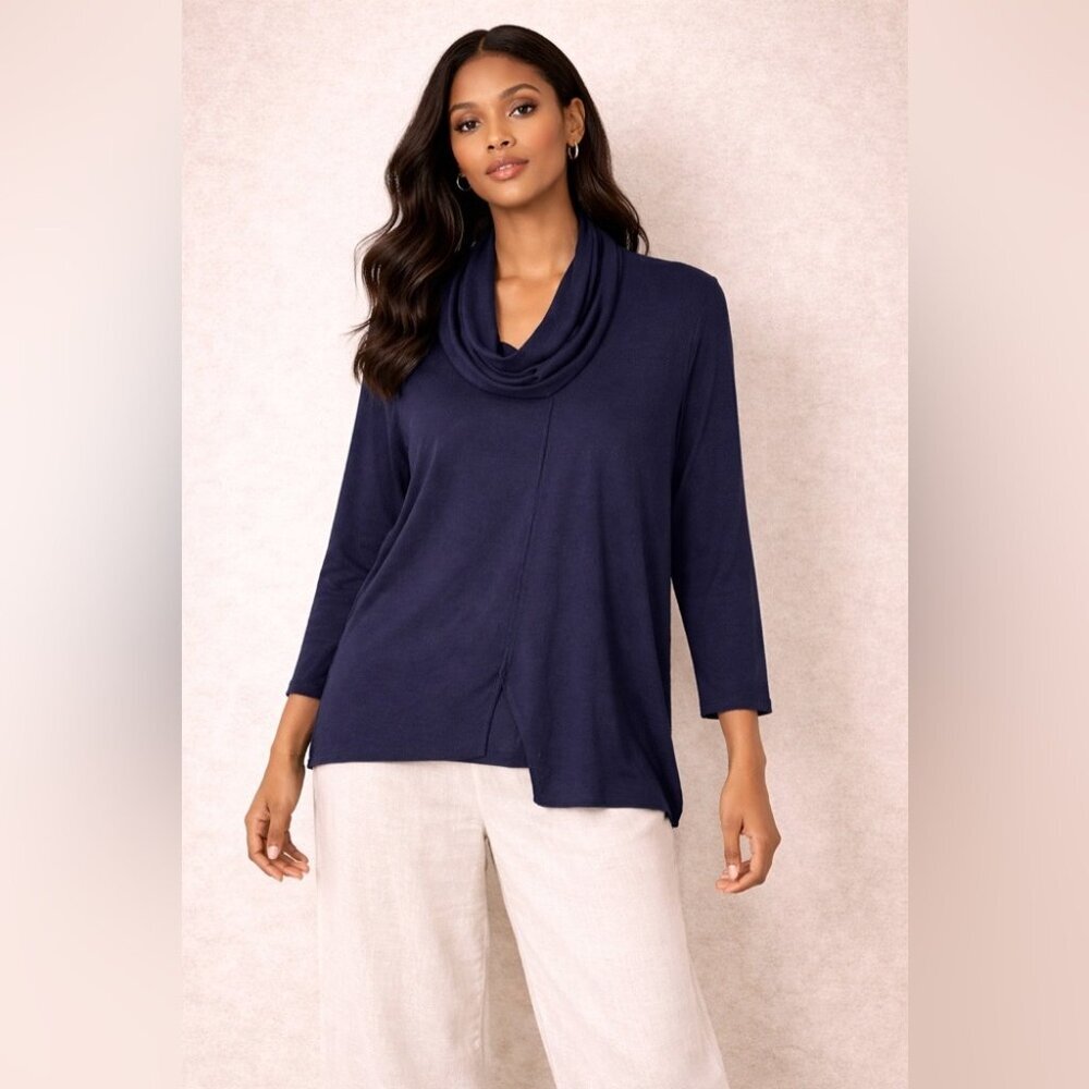 OSKA Navy Lagenlook Wool Cowl Neck Tunic Top Size 3 Lagenlook Cozy Minimalist